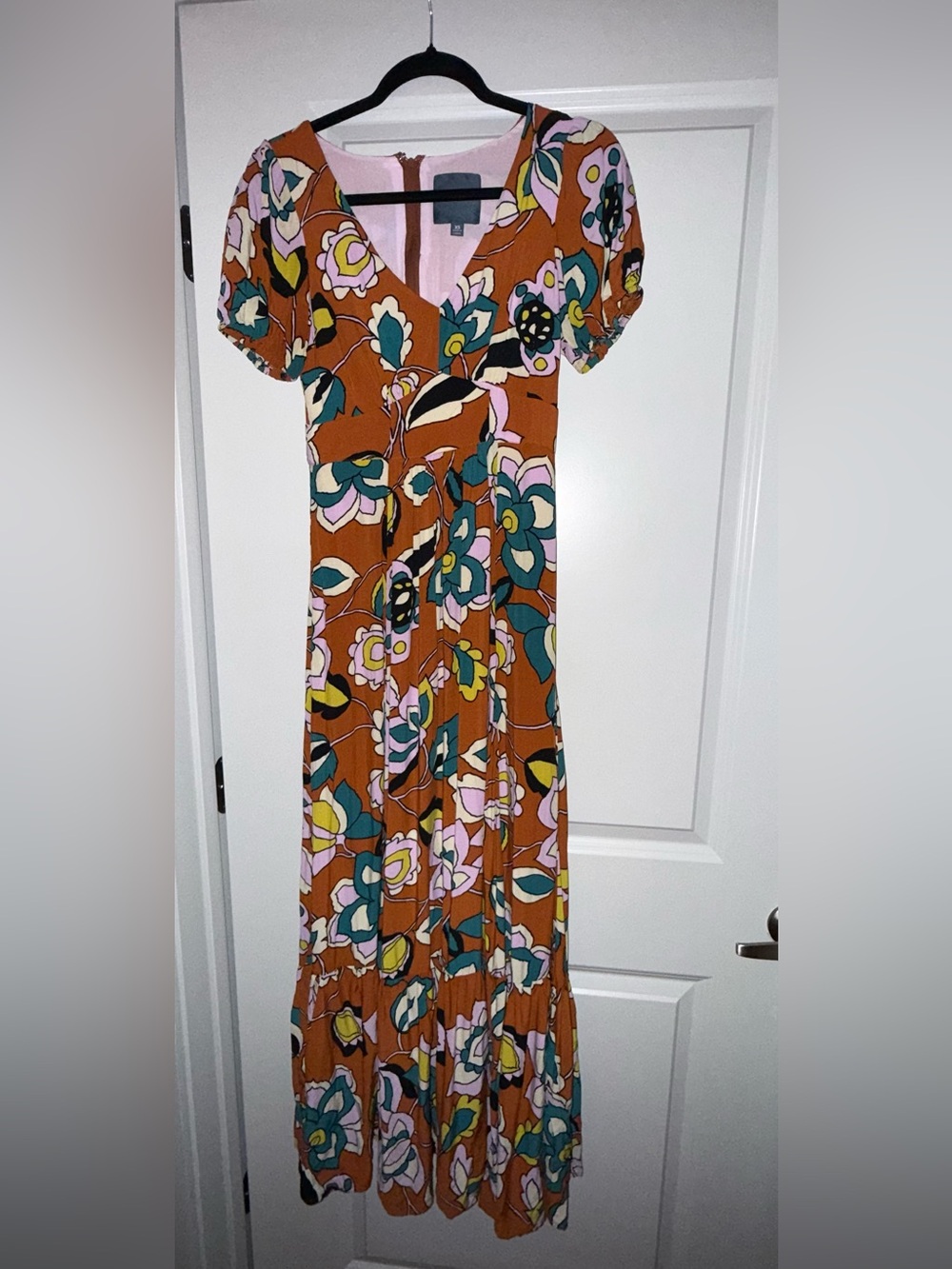 Modcloth Rust Floral Maxi Dress with Teal, Pink and Yellow Blooms